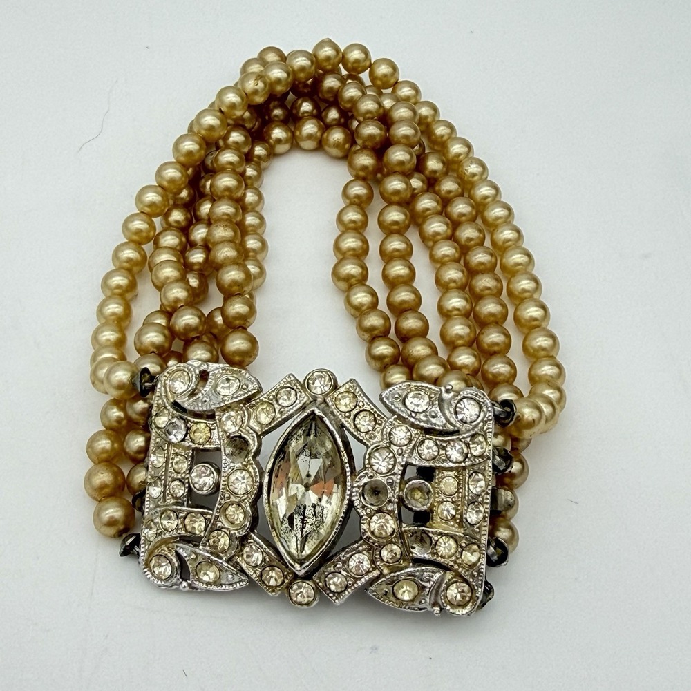 Vtg Art Deco Glass Pearl Bracelet Ornate Rhinestone Box Clasp 5 Strand Estate